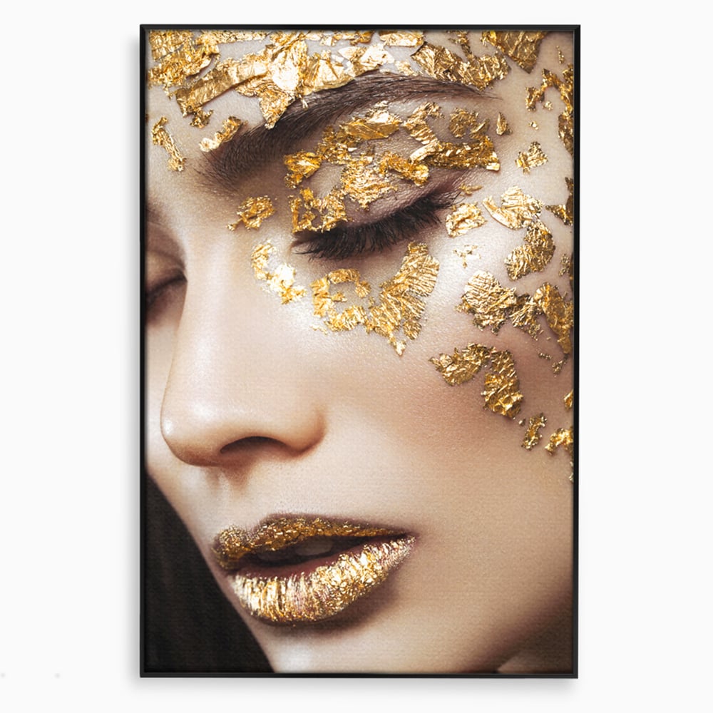 Tablou canvas cu portret feminin cu aplicatii aurii, in rama de aluminiu negru